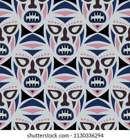 Vector Illustration. Ethnic Seamless Background with Ritual Masks for Poster or Banner. Ethnic Seamless Background with Color Trible Ritual Masks for your Design. Vector Texture.