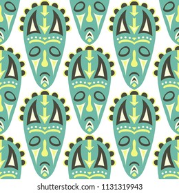 Vector Illustration. Ethnic Seamless Background with Ritual Masks for Card or Poster. Ethnic Seamless Background with Color Trible Ritual Masks for your Design. Vector Texture.