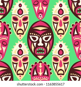 Vector Illustration. Ethnic Seamless Background with Ritual Masks for Print or Card. Ethnic Seamless Pattern with Color Trible Shamanic Masks for your Design. Vector Texture.