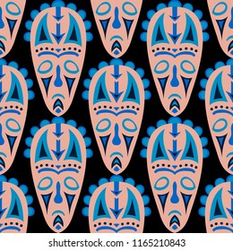 Vector Illustration. Ethnic Seamless Background with Ritual Masks for Poster or Banner. Ethnic Seamless Background with Color Trible Ritual Masks for your Design. Vector Texture.