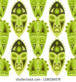 Vector Illustration. Ethnic Seamless Background with Ritual Masks for Print or Card. Ethnic Seamless Pattern with Color Trible Shamanic Masks for your Design. Vector Texture.