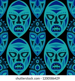 Vector Illustration. Ethnic Seamless Background with Ritual Masks for Card or Poster. Ethnic Seamless Pattern with Color Trible Shamanic Masks for your Design. Vector Texture.