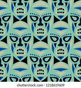 Vector Illustration. Ethnic Seamless Background with Ritual Masks for Textile or Paper. Ethnic Seamless Pattern with Color Trible Shamanic Masks for your Design. Vector Texture.