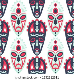 Vector Illustration. Ethnic Seamless Background with Ritual Masks for Poster or Banner. Ethnic Seamless Pattern with Color Trible Shamanic Masks for your Design. Vector Texture.
