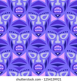 Vector Illustration. Ethnic Seamless Background with Ritual Masks for Textile or Paper. Ethnic Seamless Background with Color Trible Ritual Masks for your Design. Vector Texture.