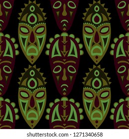Vector Illustration. Ethnic Seamless Background with Ritual Masks for Poster or Banner. Ethnic Seamless Background with Color Trible Ritual Masks for your Design. Vector Texture.