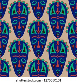 Vector Illustration. Ethnic Seamless Background with Ritual Masks for Card or Poster. Ethnic Seamless Background with Color Trible Ritual Masks for your Design. Vector Texture.