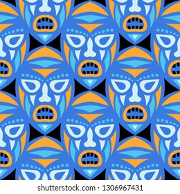 Vector Illustration. Ethnic Seamless Background with Ritual Masks for Poster or Banner. Ethnic Seamless Background with Color Trible Ritual Masks for your Design. Vector Texture.