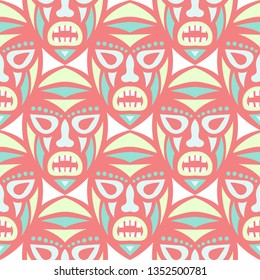 Vector Illustration. Ethnic Seamless Background with Ritual Masks for Poster or Banner. Ethnic Seamless Pattern with Color Trible Shamanic Masks for your Design. Vector Texture.