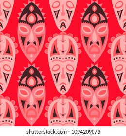 Vector Illustration. Ethnic Seamless Pattern with Color Masks for Print or Card. Ethnic Seamless Pattern with Color Trible Shamanic Masks for your Design. Vector Texture.