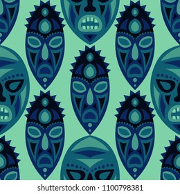 Vector Illustration. Ethnic Seamless Pattern with Color Masks for Textile or Paper. Ethnic Seamless Pattern with Color Trible Shamanic Masks for your Design. Vector Texture.