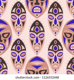 Vector Illustration. Ethnic Seamless Pattern with Color Masks for Poster or Banner. Ethnic Seamless Pattern with Color Trible Shamanic Masks for your Design. Vector Texture.