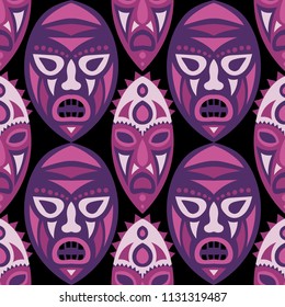 Vector Illustration. Ethnic Seamless Pattern with Color Masks for Card or Poster. Ethnic Seamless Pattern with Color Trible Shamanic Masks for your Design. Vector Texture.