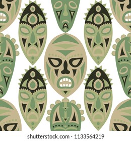 Vector Illustration. Ethnic Seamless Pattern with Color Masks for Poster or Banner. Ethnic Seamless Pattern with Color Trible Shamanic Masks for your Design. Vector Texture.