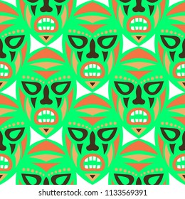 Vector Illustration. Ethnic Seamless Pattern with Color Masks for Textile or Paper. Ethnic Seamless Pattern with Color Trible Shamanic Masks for your Design. Vector Texture.