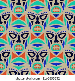 Vector Illustration. Ethnic Seamless Pattern with Color Masks for Print or Card. Ethnic Seamless Background with Color Trible Ritual Masks for your Design. Vector Texture.