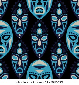 Vector Illustration. Ethnic Seamless Pattern with Color Masks for Textile or Paper. Ethnic Seamless Background with Color Trible Ritual Masks for your Design. Vector Texture.