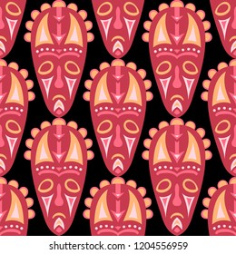 Vector Illustration. Ethnic Seamless Pattern with Color Masks for Print or Card. Ethnic Seamless Pattern with Color Trible Shamanic Masks for your Design. Vector Texture.