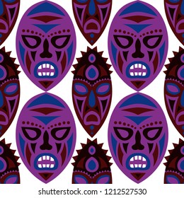Vector Illustration. Ethnic Seamless Pattern with Color Masks for Poster or Banner. Ethnic Seamless Background with Color Trible Ritual Masks for your Design. Vector Texture.