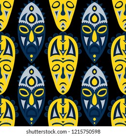 Vector Illustration. Ethnic Seamless Pattern with Color Masks for Poster or Banner. Ethnic Seamless Background with Color Trible Ritual Masks for your Design. Vector Texture.