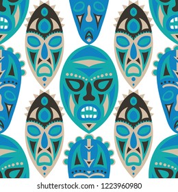 Vector Illustration. Ethnic Seamless Pattern with Color Masks for Poster or Banner. Ethnic Seamless Pattern with Color Trible Shamanic Masks for your Design. Vector Texture.