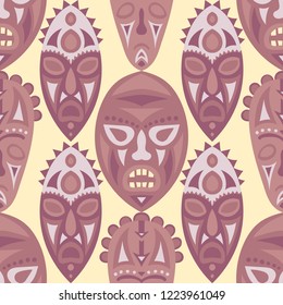 Vector Illustration. Ethnic Seamless Pattern with Color Masks for Print or Card. Ethnic Seamless Pattern with Color Trible Shamanic Masks for your Design. Vector Texture.