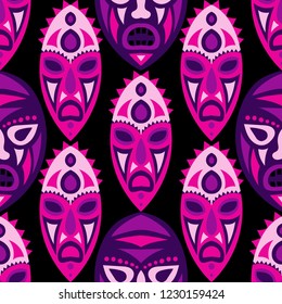 Vector Illustration. Ethnic Seamless Pattern with Color Masks for Textile or Paper. Ethnic Seamless Pattern with Color Trible Shamanic Masks for your Design. Vector Texture.