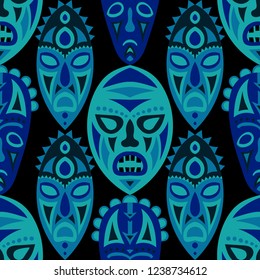 Vector Illustration. Ethnic Seamless Pattern with Color Masks for Textile or Paper. Ethnic Seamless Background with Color Trible Ritual Masks for your Design. Vector Texture.