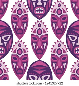 Vector Illustration. Ethnic Seamless Pattern with Color Masks for Poster or Banner. Ethnic Seamless Background with Color Tribal Ritual Masks for your Design. Vector Texture.
