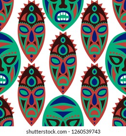 Vector Illustration. Ethnic Seamless Pattern with Color Masks for Print or Card. Ethnic Seamless Pattern with Color Trible Shamanic Masks for your Design. Vector Texture.