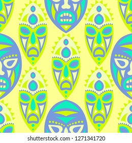 Vector Illustration. Ethnic Seamless Pattern with Color Masks for Poster or Banner. Ethnic Seamless Pattern with Color Trible Shamanic Masks for your Design. Vector Texture.