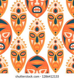 Vector Illustration. Ethnic Seamless Pattern with Color Masks for Poster or Banner. Ethnic Seamless Background with Color Trible Ritual Masks for your Design. Vector Texture.
