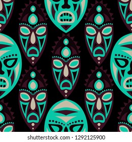 Vector Illustration. Ethnic Seamless Pattern with Color Masks for Textile or Paper. Ethnic Seamless Pattern with Color Trible Shamanic Masks for your Design. Vector Texture.