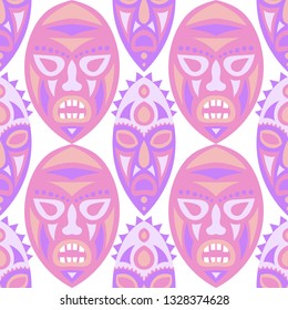 Vector Illustration. Ethnic Seamless Pattern with Color Masks for Card or Poster. Ethnic Seamless Background with Color Trible Ritual Masks for your Design. Vector Texture.