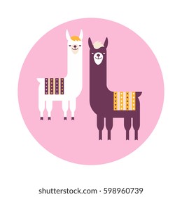 Vector illustration ethnic sticker or label of South America with lamas. Flat design style.