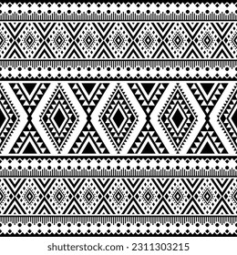 Vector illustration with ethnic style design. Seamless geometric pattern. Navajo and Aztec tribal motif. Black and white color. Design for textile, fabric, clothes, curtain, rug, ornament, background.