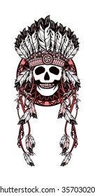 Vector illustration ethnic style. Dream catcher and shaman skull decorated with feathers and beads arrows with ribbons