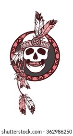 Vector illustration ethnic style. Dream catcher and shaman skull decorated with feathers and beads arrows with ribbons