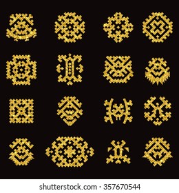 Vector Illustration of Ethnic Style Gold Symbol for Design, Website, Background, Banner. Tribal Elements Golden Template for Flyer, Invitation, greet card, shop. Luxury Boho Brand Store Shine concept