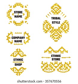 Vector Illustration of Ethnic Style Gold Symbol for Design, Website, Background, Banner. Tribal Elements Golden Template for Flyer, Invitation, greet card, shop. Luxury Boho Brand Store Shine concept