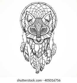 Vector Illustration. Ethnic Totem Wolf And Dreamcatcher. Doodle. Tattoo.