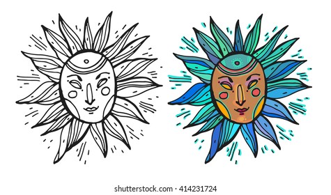 Vector illustration of ethnic tribal blue and ocher color mask  on white background. Hand drawn line art design. Ethnic mask. Tribal mask. Vector ethnic tribal mask line art.