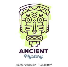 Vector illustration of ethnic tribal light green color mask with text on white background. Hand drawn line art design. 
