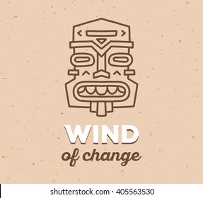 Vector illustration of ethnic tribal mask with white text on light brown color sand texture background. Hand drawn line art design. 