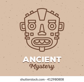 Vector illustration of ethnic tribal mask with white text on light brown color sand texture background. Hand drawn line art design. 