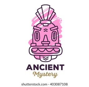 Vector illustration of ethnic tribal pink color mask with text on white background. Hand drawn line art design. 