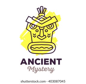 Vector illustration of ethnic tribal yellow color mask with text on white background. Hand drawn line art design. 