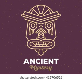 Vector illustration of ethnic tribal yellow color mask with white text on brown sand texture background. Hand drawn line art design. 