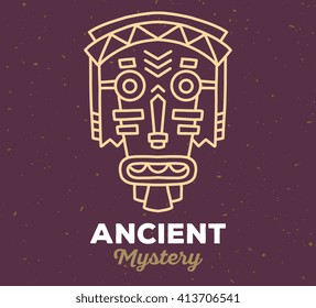 Vector illustration of ethnic tribal yellow color mask with white text on brown sand texture background. Hand drawn line art design. 