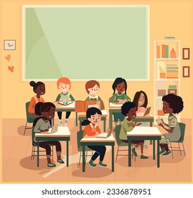 Vector illustration of ethnically diverse children seated at desks in a classroom